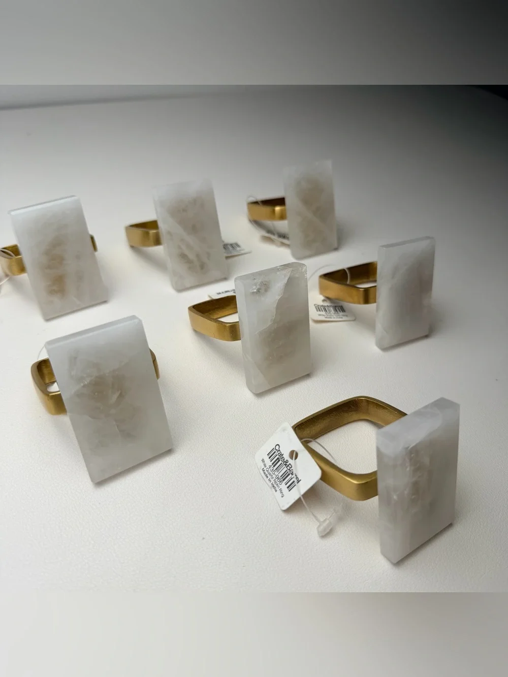 Crate & Barrel White Quartz Marble Gold Napkin Ring s 7pcs set Table Setting